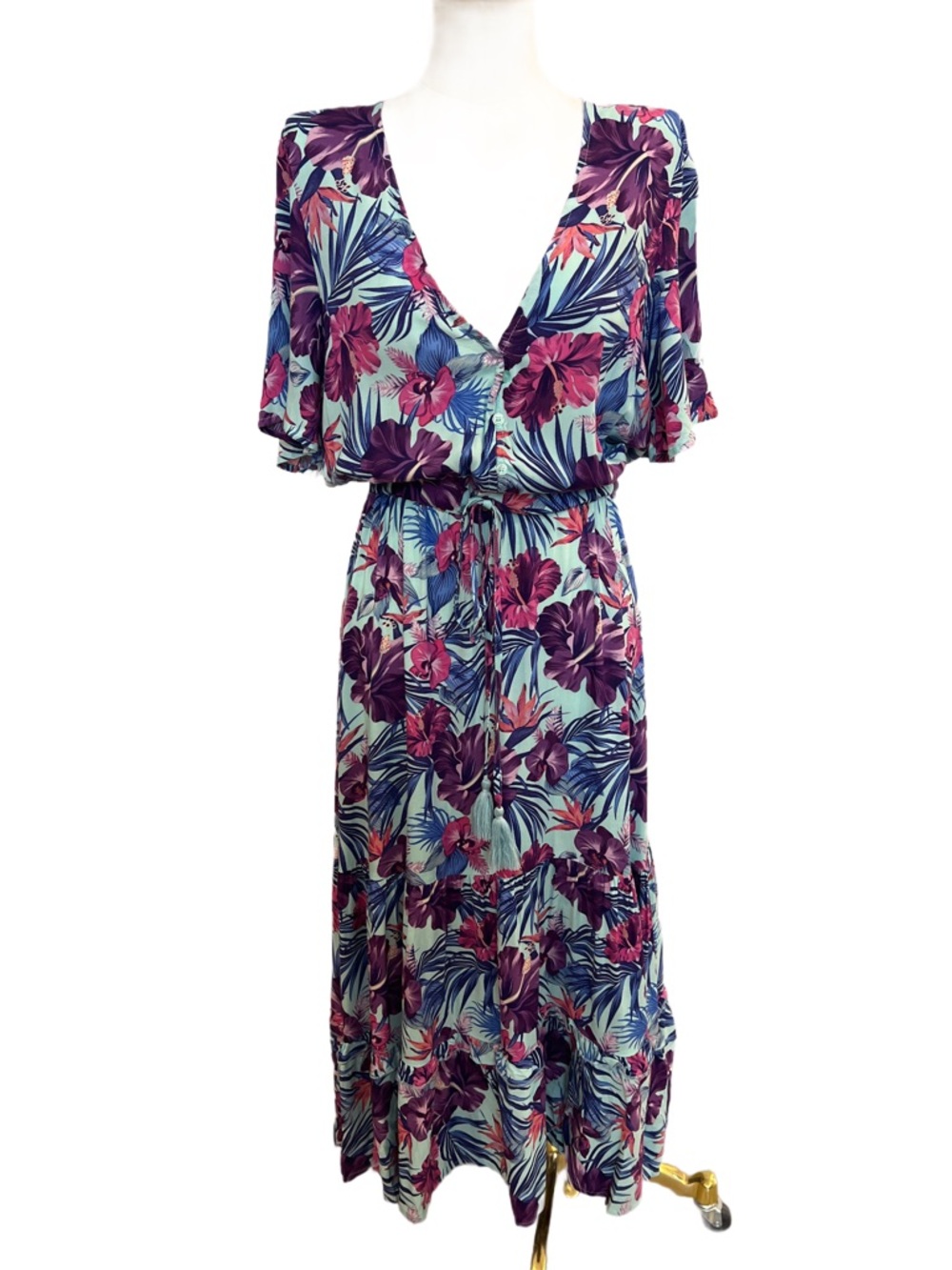 Sunday Mi Amor, Tropical Floral Maxi Dress in Aqua,Purple,Pink,Blue